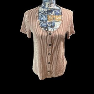 W5 by Anthropologie Brown And White Stripe Button Scoop Neck Tee sz S